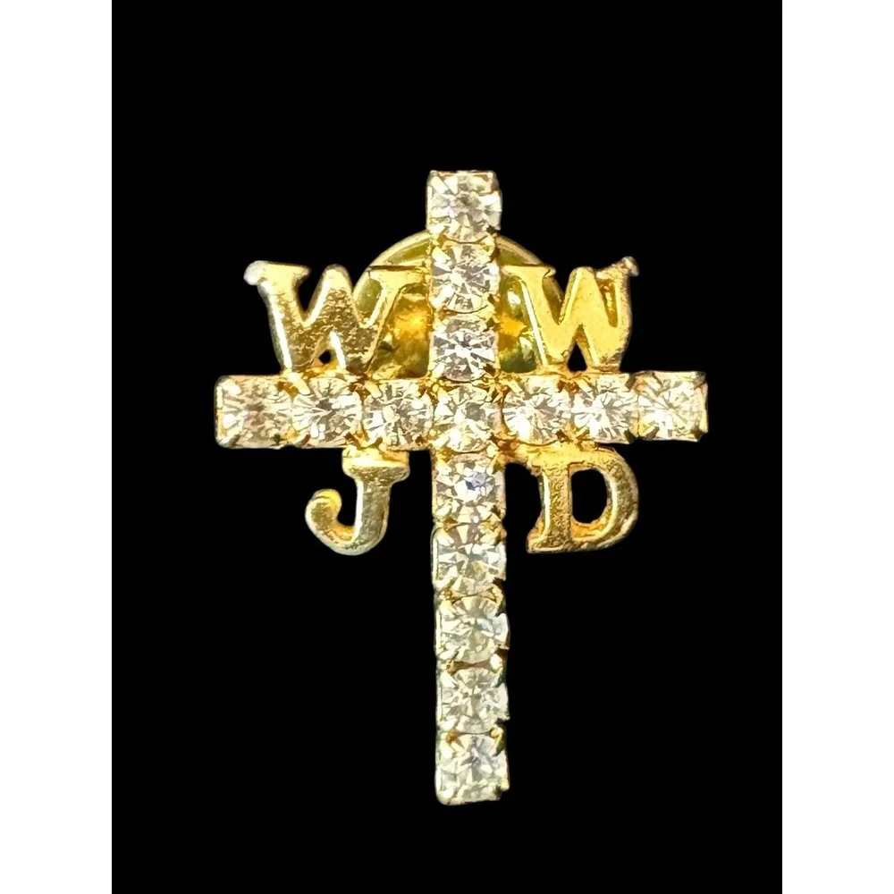 Christian Brooch Pin Lot 4 WWJD Cross Angel Guadalupe Rhinestone Gold Tone